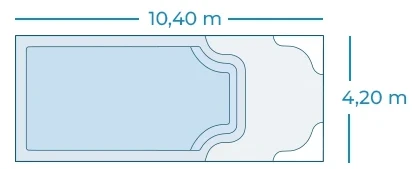Plan avec côtes vu de dessus de la grande piscine 10x4 avec plage Lac de Charmes