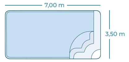 Plan avec côtes vu de dessus de la piscine 7x3 avec banquette Estari