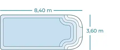 Plan avec côtes vue de dessus de la piscine coque 8x4 m. Genève