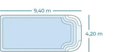 Plan avec côtes vue de dessus de la piscine coque 9x4 Lac d'Oro